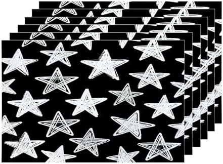 Shrahala Black White Set of 6 12 X 18 Inch Linen Placemats, Chalkboard Pattern Stars Burlap Table Mat Washable Double Layered Heat Insulation for Indoor/Outdoor