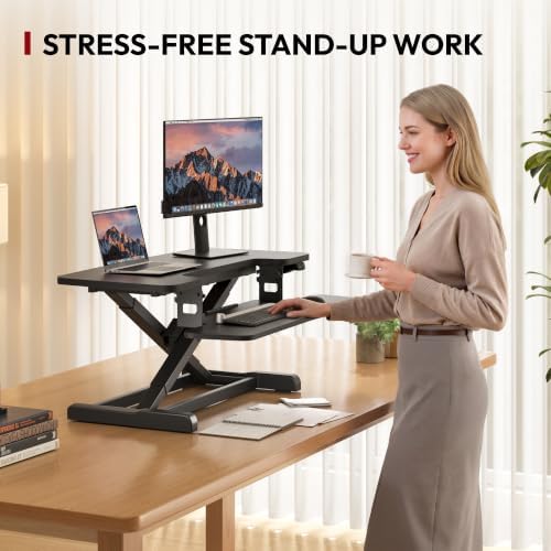 SANODESK 35" Electric Standing Desk Converter,Height Adjustable Riser for Office Home, Monitor and Laptop Workstation with Large Keyboard Tray, Black Color