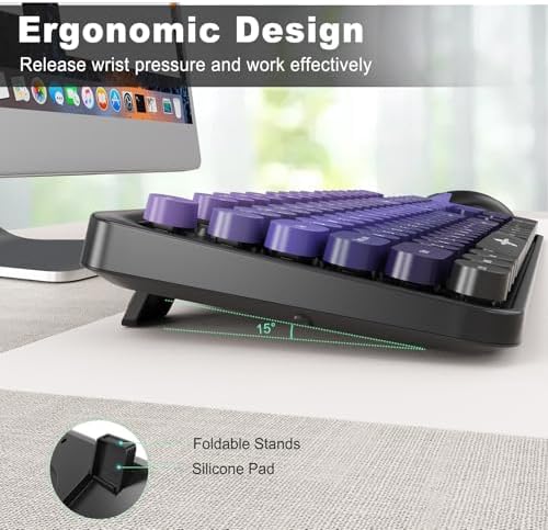 Purple Wireless Keyboard and Mouse Combo, Retro Round Keys,for PC Laptop