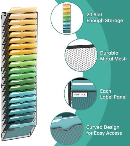 SUPEASY 20 Tier Wall File Organizer, Hanging Wall Mounted Mail Organizer with Label Slots, Metal Mesh File Holder Magazine Rack for Office, Home, School or Classroom, Black