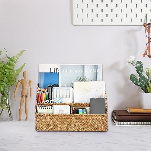 BTSKY Woven Storage Basket, Seagrass Desk Organizer with 4 Compartments
