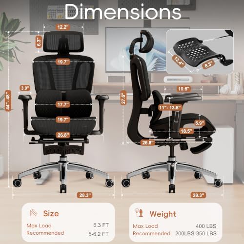 Vonesse Ergonomic Office Chair with Footrest, Desk Chairs with Dynamic Lumbar Support & Adjustable Depth Breathable Mesh Seat, Computer Gaming Chair with Adjustable 3D Headrest and Armrests (Black)