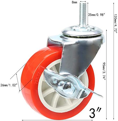 3 Inch Swivel Caster Wheels with Brake Set of 4, YEEMIGO Metric Size M8×25mm Threaded Stem Castors, Casters Heavy Duty-Total Capacity 450lbs, Replacement for Cart Furniture Workbench and Trolley