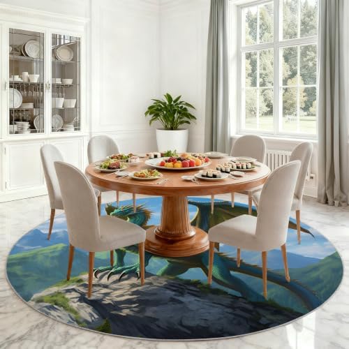 Dragon Round Rug - 4ft Washable Western Dragon Round Area Rug for Living Room, Boy's Room Playroom Circle Rugs Soft Non-Slip Carpet for Bedroom Kitchen Dining Table Decor Mat
