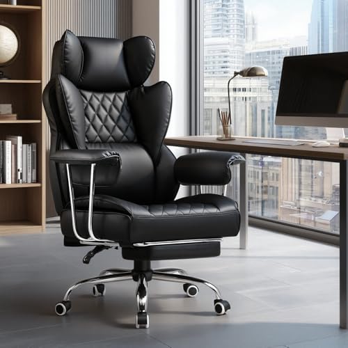 COMHOMA Big and Tall Office Chair, High Back Leather Gaming Chair with Footrest, Executive Ergonomic Office Chair with Pocket Spring Lumbar Support and with Outward Fixed Soft Armrests
