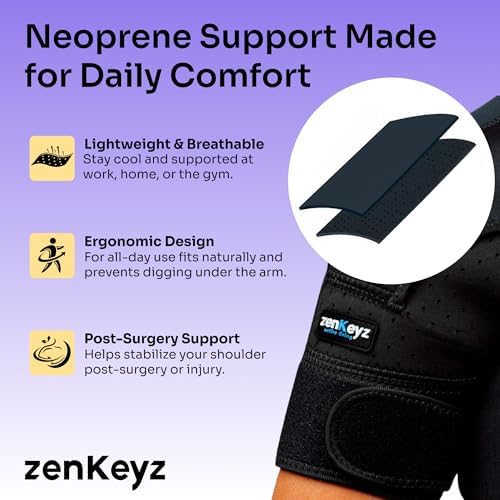 ZENKEYZ Shoulder Brace for Men & Women - Size L/XL (Chest 38-50") - Black Neoprene Compression Sleeve - Adjustable Strap for Rotator Cuff & Joint Stability - Integrated Ice/Heat Pocket - Ambidextrous Support