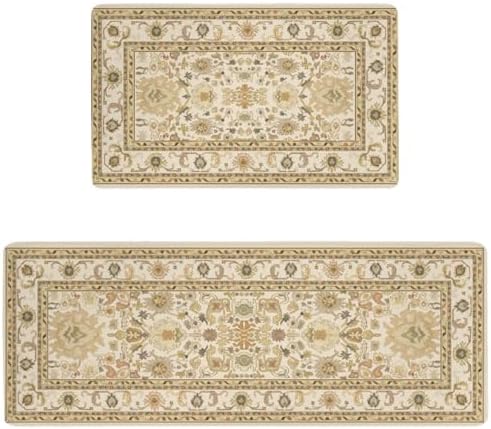 Boho Kitchen Mat, 2PCs, 17.3" x 47" + 17.3" x 29", Cream & Gold