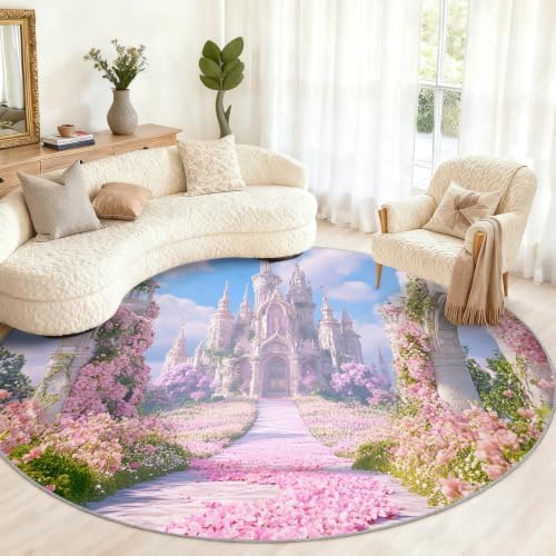 Princess Castle Round Area Rug - 3.3ft Floral Castle Round Rug for Kitchen, Dreamy Theme Circle Rugs Washable Soft Non-Slip Carpet for Bathroom Kitchen Decor Mat
