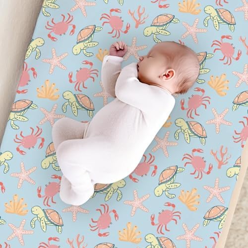 Cartoon Sea Turtle Crabs Starfish Pattern Baby Changing Pad Cover, Unisex Ocean Animals Nursery Diaper Changing Table Pad Mat Sheet for Boys Girls-16x32