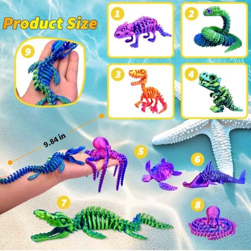 8pcs 3D Printed Dinosaur Skeletons,Octopus,Snake Flexible，Articulated T-Rex Fidget Toys,Large,3D Printed Animals,Desk Toy，Easter Eggs Basket Stuffers,Toys for Boys Kids Teen Girl 4-6 8-12