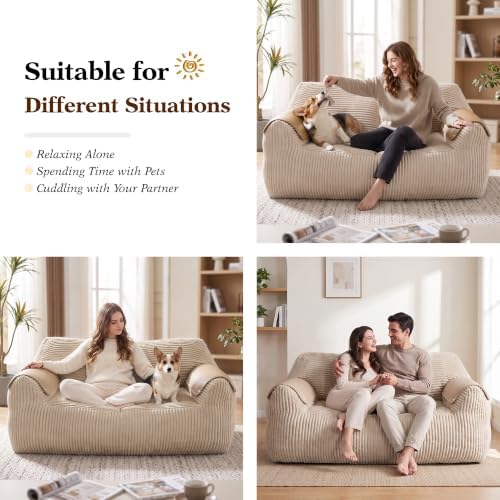 Homkdom Bean Bag Chairs for Adults, Lazy Loveseat Sofa with Armrests, Brown