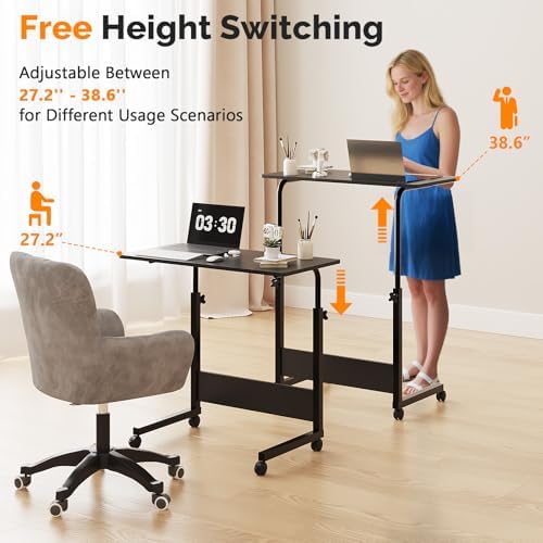 FCH Portable Computer Workstation, Standing Desk Adjustable Height, Small Computer Desk w/Rolling, Sit Stand Laptop Desk TV Tray for Bed Sofa Hospital Reading Eating,Black, 31.5"