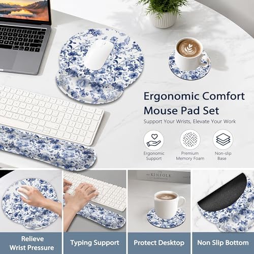 Ergonomic Keyboard and Mouse Wrist Rest Set, Blue Butterfly Flower Berry Mouse Pad with Non Slip Base, Soft Cloth Surface for Office and Home Typing Support