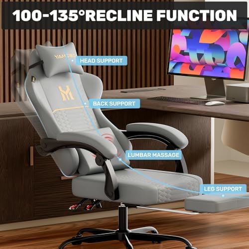 Gaming Chair with Footrest, Ergonomic Video Game Chair with Adjustable Lumbar and Headrest Massage Support,PU Leather High Back Recliner Comfortable for Office, Game and Study, Grey
