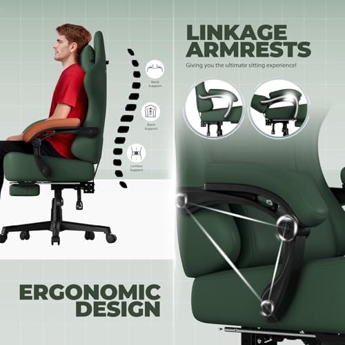 GTPLAYER Gaming Chair with Pocket Spring Cushion, Big and Tall Gamings Chairs 350LBS High Back Computer Chair with Footrest for Adults Lumbar Support Swivel Game Chair for Office, Leather Green