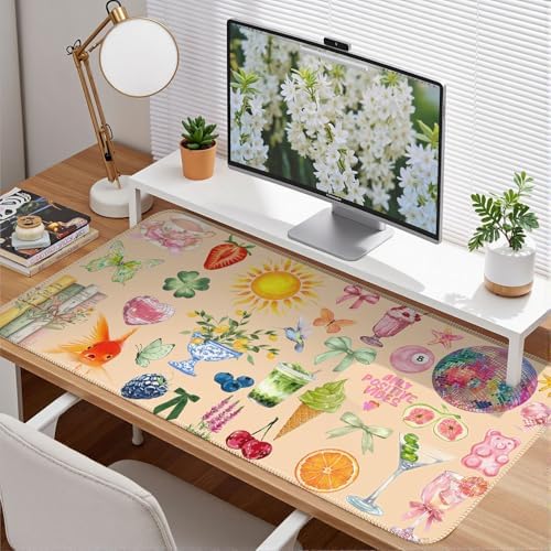 Cute Pink Boho Pastel Desk Mat Colorful Desk Mat for Keyboard and Mouse XXL Large Mouse Pad Desk Pad Mat Floral Cozy Aesthetic Desk Decor for Women Girl Teacher