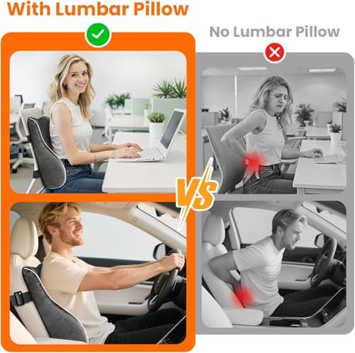 CloudBliss Lumbar Support Pillow, Memory Foam for Office, Standard, Gray