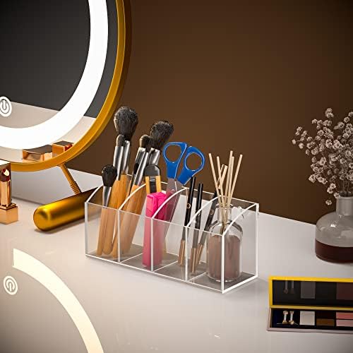 Acrylic Pen Holder Organizer 4 Compartments, Clear Makeup Brush Holder, No Drill Wall Mounting Pencil Holder for Office Accessories