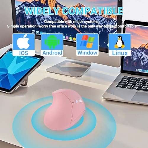 Wireless Ergonomic Vertical Mouse,Rechargeable Silent Portable Ergo Mice with,2.4G USB Receiver, 6 Buttons, Comfortable Grip,Reduce Wrist Pain,for Laptop Desktop Notebook PC Computer-Right Hand(Pink)