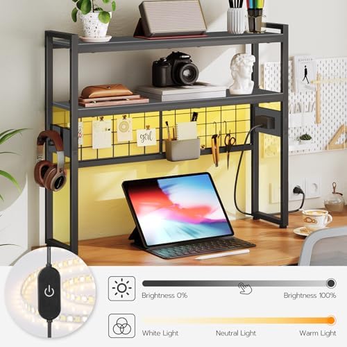 HOOBRO Desktop Bookcase, 2-Tier Office Desktop Organizer, 29.9" Wooden Storage Rack with Outlets, Display Shelf Rack with Light Strip, Desk Hutch for Office, Black BB11UDSJ01