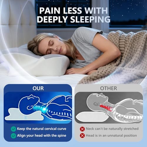 Cervical Neck Pillow for Neck Pain Relief & Sleeping, Ergonomic Contour Neck Support Pillow, Memory Foam Orthopedic Pillow for Side, Back, Stomach Sleepers