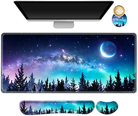 AIMSA Large Gaming Mouse Pad Set, Keyboard Wrist Rest Support + Extended Mouse Pad + Mouse Wrist Cushion + Coaster, Ergonomic Memory Foam Multifunctional Desk Mat 35x15.7inch (Forest Moon Sky)