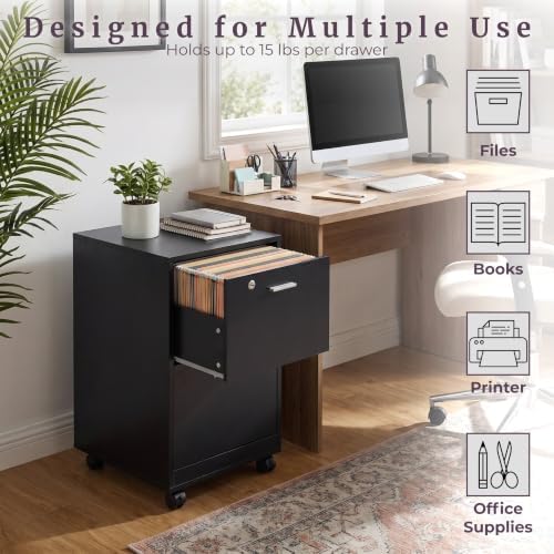 Lavish Home 2-Drawer Wooden File Cabinet with Lock, Black, 16” x 27”