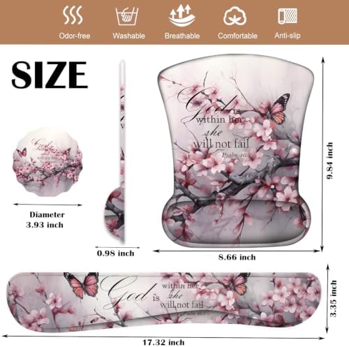 Ergonomic Keyboard Wrist Rest & Mouse Wrist Support Set with Lace Coaster, Gel Memory Foam Anti-Slip Base, Pain Relief for Typing, Cherry Blossom Butterflies