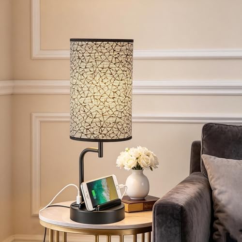 Dreamholder Touch Control USB Table Lamp with USB C/A & AC Outlet, 3-Way Dimmable Bedside Lamp, Modern Nightstand Lamps for Bedroom Living Room Guest Room Office, Bulb Included, Miracle Black