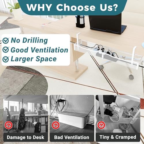 Cable Management Under Desk, 25.3'' No Drill Desk Cable Management Tray with Clamp, Metal Cord Organizer for Standing Desk, Computer Wire Management for Home Office & Gaming Setup, White