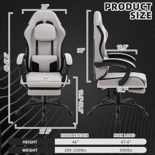 Gaming Chair for Adults, Fabric Gaming Chair with Footrest and Pocket Spring Cushion, Ergonomic Gamer Chair with Lumbar Support, Reclining Computer Gaming Chair with High Back, Grey