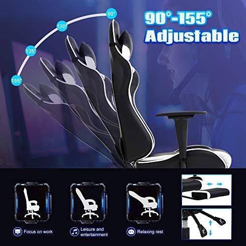PC Gaming Chair High Back Executive Office Chair Pu Leather Computer Chair Racing Lumbar Support Slide-Out Footrest Adjustable Swivel Video Game Chair,White…
