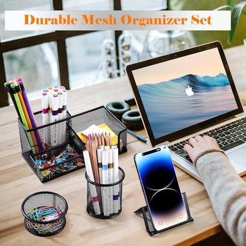 Moonlik Desk Organizers and Accessories Set, Mesh Pen Holder,Office School Home Desktop Supplies for Clip Phone Sticky Notes,Mail, Caddy Storage Baskets(Black,5 Piece Set)