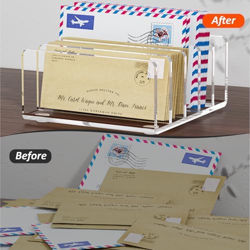 FUCDTEFC Desk Mail Organizer, 5 Section Clear Acrylic File Holder Letter Organizer, Vertical Lightweight Modern Envelope Holder Desk Accessories & Workspace Organizers for Office, Home, School
