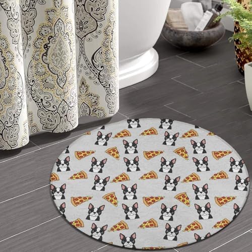 Circular Rugs Large Modern Round Area Rug Fashion Decor Mat for Home Office Grey Boston Terrier Dog Pizza, 60inch