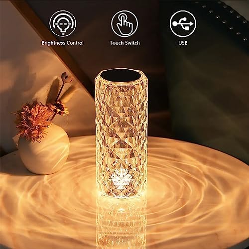 Portable Crystal Table Lamp,3 Color Touch Control Rechargeable Lamp,Crystal Bedside Lamp,Night Light,Room Decor Desk Lamp,Bedroom,Living Room,Kitchen,Dining Room Lamp(White)