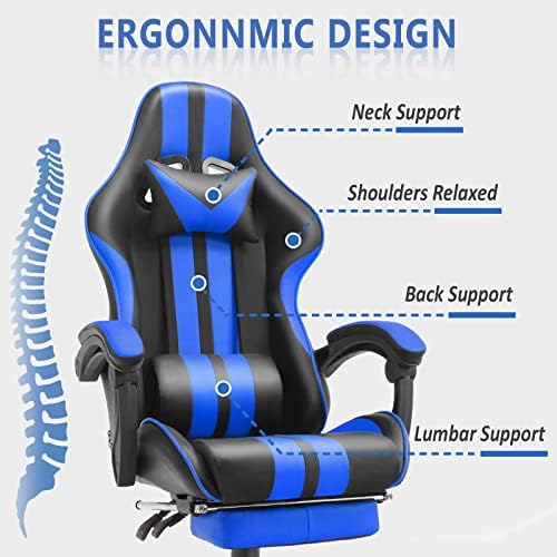Racing Style PC Computer Chair,Computer Gaming Chair, E-Sports Chair,Ergonomic Office Chair with Height Adjustment,Retractable Footrest,Headrest and Massage Lumbar Support(Navy Blue)