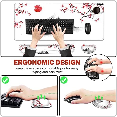 ToLuLu Extended Gaming Mouse Pad, Memory Foam Ergonomic Keyboard Mouse Wrist Rest Support Set, Large Desk Mat with Stitched Edges, Non-Slip Base Mousepad for Home Office Game, Cherry Blossom Sakura