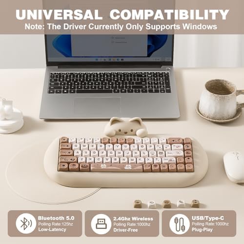 YUNZII C68 Silicone Cute Cat Mechanical Keyboard (Brown,Cocoa Cream Switch)