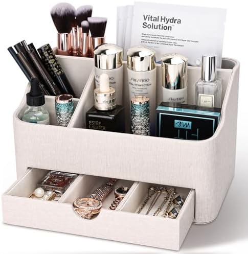 KINGFOM PU Leather Desk Organizer with Drawer, 5 Compartments Desktop Storage Caddy for Office & Home Supplies, Pen Holder for Remote Control, Phone & Accessories, Mail Organizer Countertop(Beige)