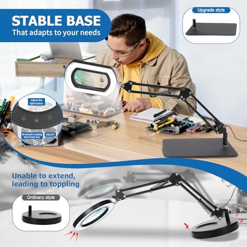 15X Rectangle Magnifying Glass with Light and Stand, Hands-Free Real Glass Lighted Magnifier, Touch Control 5 Color Modes Stepless Dimmable, 2-in-1 LED Desk Lamp with Clamp for Close Work, Reading