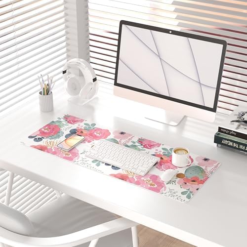 QIYI PU Leather Large Mouse Pad, Waterproof Desk Mat, 31.5" x 11.8", Peony