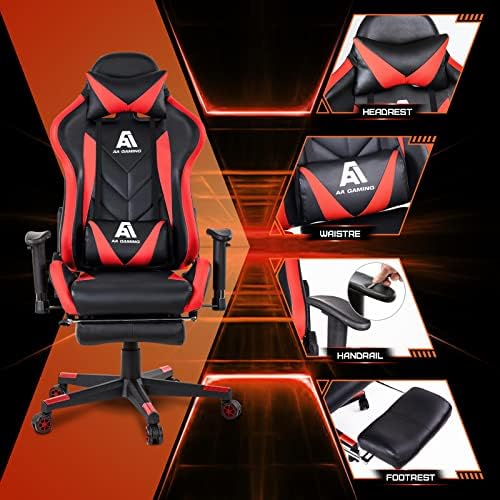 Gaming High Back Ergonomic Computer Racing Chair - Adjustable Office With Footrest, Lumbar Support, Swivel - Upgraded Version BlackRed