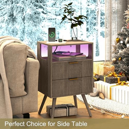 JOONEE Nightstand with Charging Station and LED Lights,Modern Bedside Table with 2 Storage Drawer and Open Wood Shelf, for Bedroom and Small Spaces,Night Stand with Solid Wood Legs,GreyOak