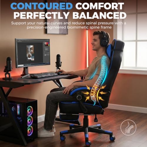 GTPLAYER Gaming Chair with Footrest, 350LBS Big and Tall Office Chair, Ergonomic High Back Lumbar Support and Recliner for Back Pain Relief, Blue