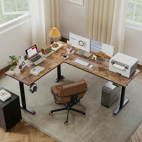 Agilestic 75 x 61 Inch L Shaped Electric Standing Desk, Rustic Brown
