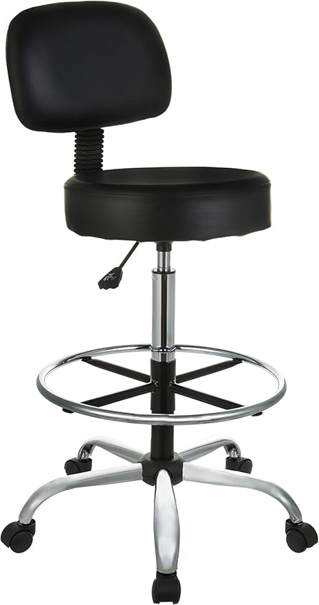 Amazon Basics Multi-Purpose Adjustable Drafting Spa Bar Stool with Sturdy Foot Rest, Back Support Cushion, 360° Swivel and Wheels, Black