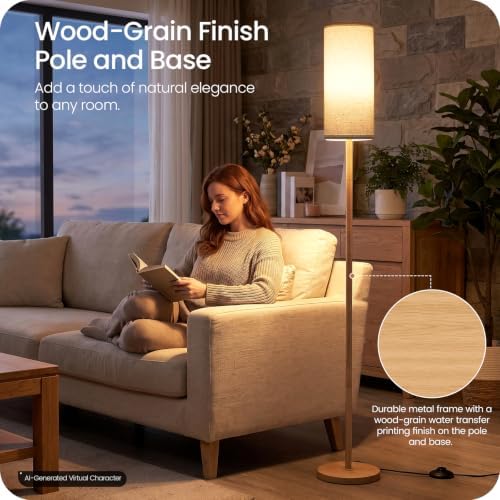 Wooden Textured Tall Slim Floor Lamp for Living Room with Remote and Foot Switch, Dimmable Mood Lamp for Bedroom Nursery, 3 Color Temperatures, 1-Hour Timer, 900LM LED Bulb Included, White XW06LD05W1