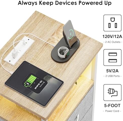 Fixwal Night Stand with Charging Station, Led Nightstand, 2 Fabric Drawers