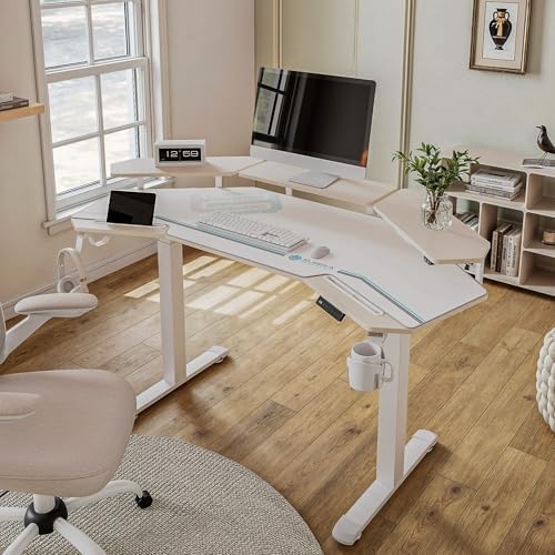 EUREKA ERGONOMIC Standing Desk with Keyboard Tray, Large Music Studio Gaming Desk, Wing Shaped Sit Stand Table 72'', LED Convertible Shelves, Dual Motor&Slot, Maple